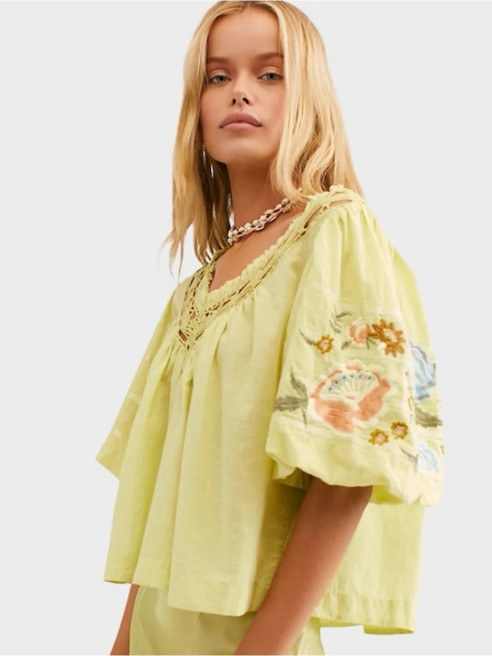 Free People Embroidered Bohemian Blouse in Chartreuse